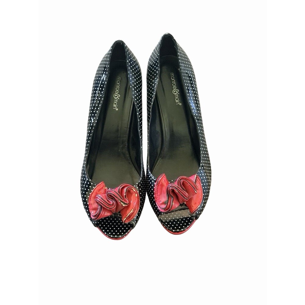 Monroe & Main Black White Polka Dot Peep Toe Heels Red Bow Pin Up Retro Pumps 11